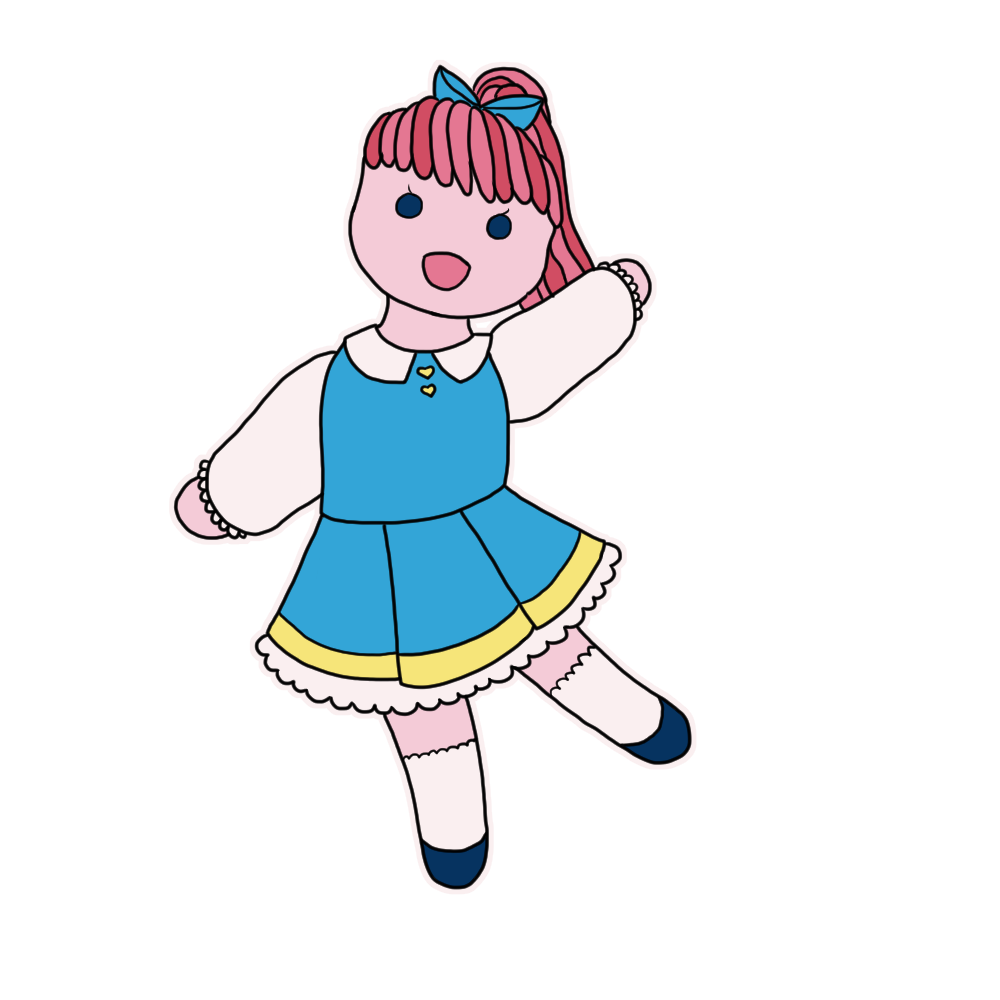 Digital art of a small rag doll in a blue dress waving.